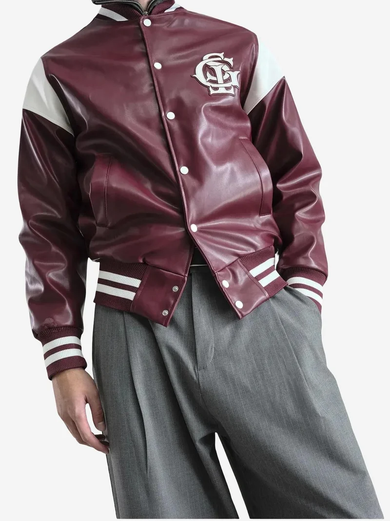 Giesto Burgundy Red GIESTO Faux Leather Relaxed Fit Jacket with Embroidery for Men | Best Price UAE